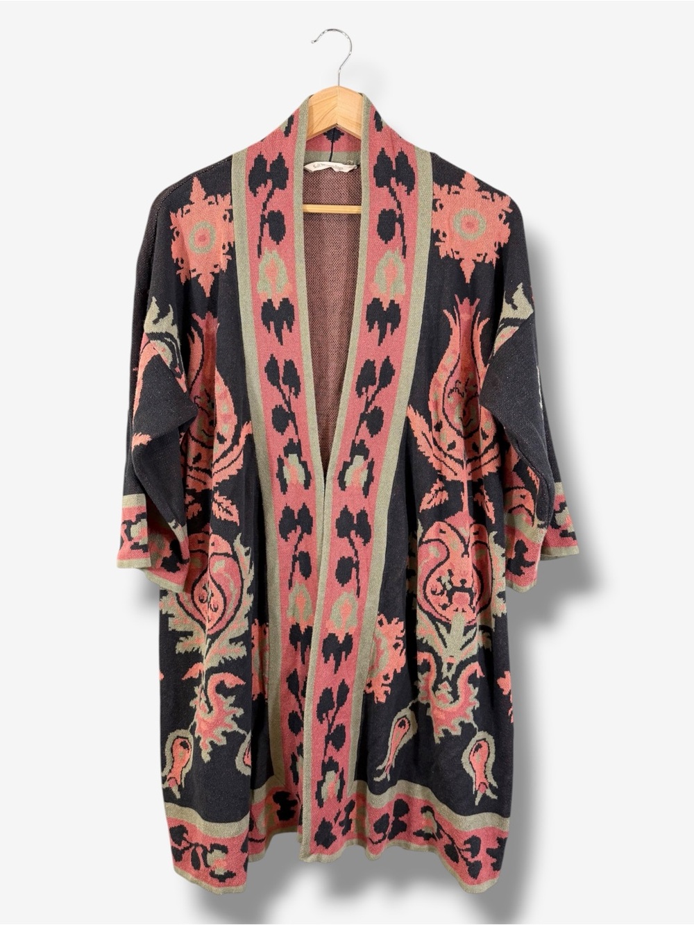 Soft Surroundings Longline Jacquard Cardigan L Coral Sage Boho Duster ZE144